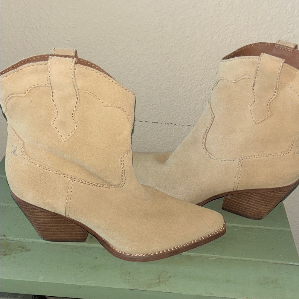 Beige Suede Western Heeled Boots